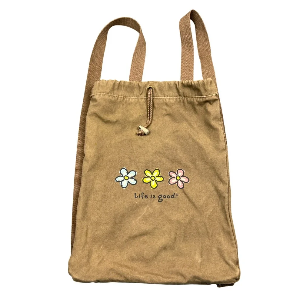 Life is Good Brown Canvas Drawstring Backpack Flower Graphic Cinch Bag Pocket